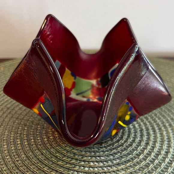 Melissa Branzell Dichroic Fused Art Glass Dish Plate Handkerchief Red Multicolor - Picture 4 of 9